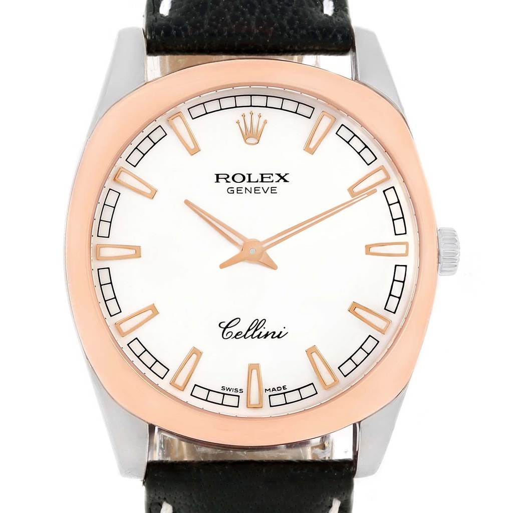 This image shows the face of a Rolex Cellini 4243 Men
s White Gold White Dial 4243 Men
s White Gold White Dial watch, including the bezel, crown, and part of the strap, from a front angle.