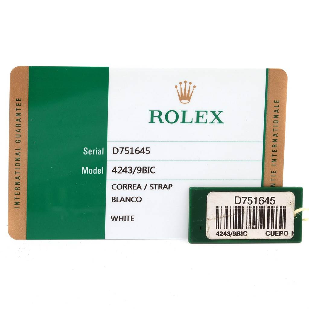 The image shows a warranty card for a Rolex Cellini 4243 Men
s White Gold White Dial 4243 Men
s White Gold White Dial model watch, including details like serial and model numbers, and a strap specification.
