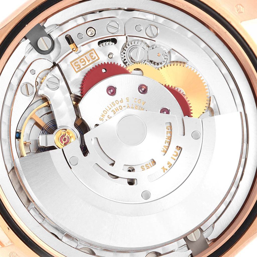 This image shows the intricate internal mechanical movement of a Rolex Cellini 50515 Men's Rose Gold Silver Dial 50515 Men's Rose Gold Silver Dial watch from a close-up, top-down angle.