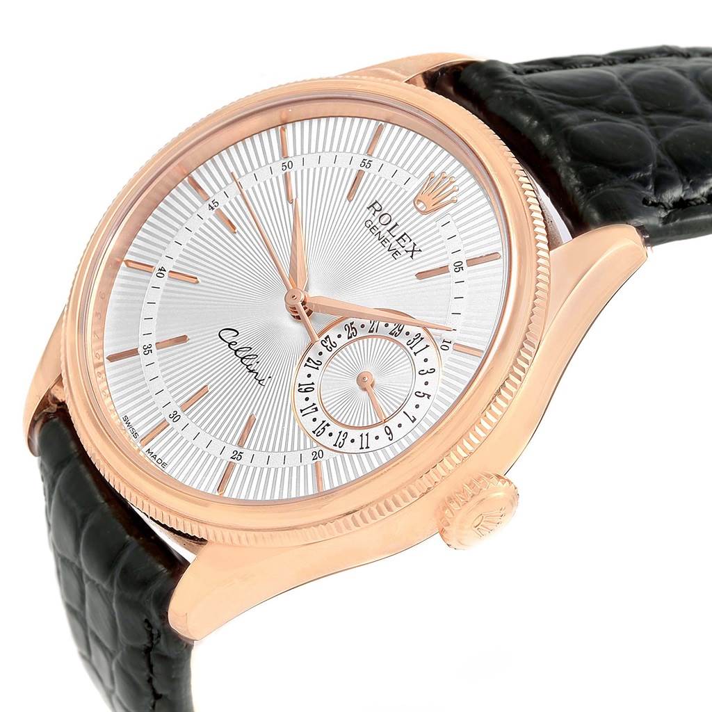 This Rolex Cellini 50515 Men's Rose Gold Silver Dial 50515 Men's Rose Gold Silver Dial watch is shown at an angled view displaying its dial, hands, bezel, crown, and a portion of its strap.
