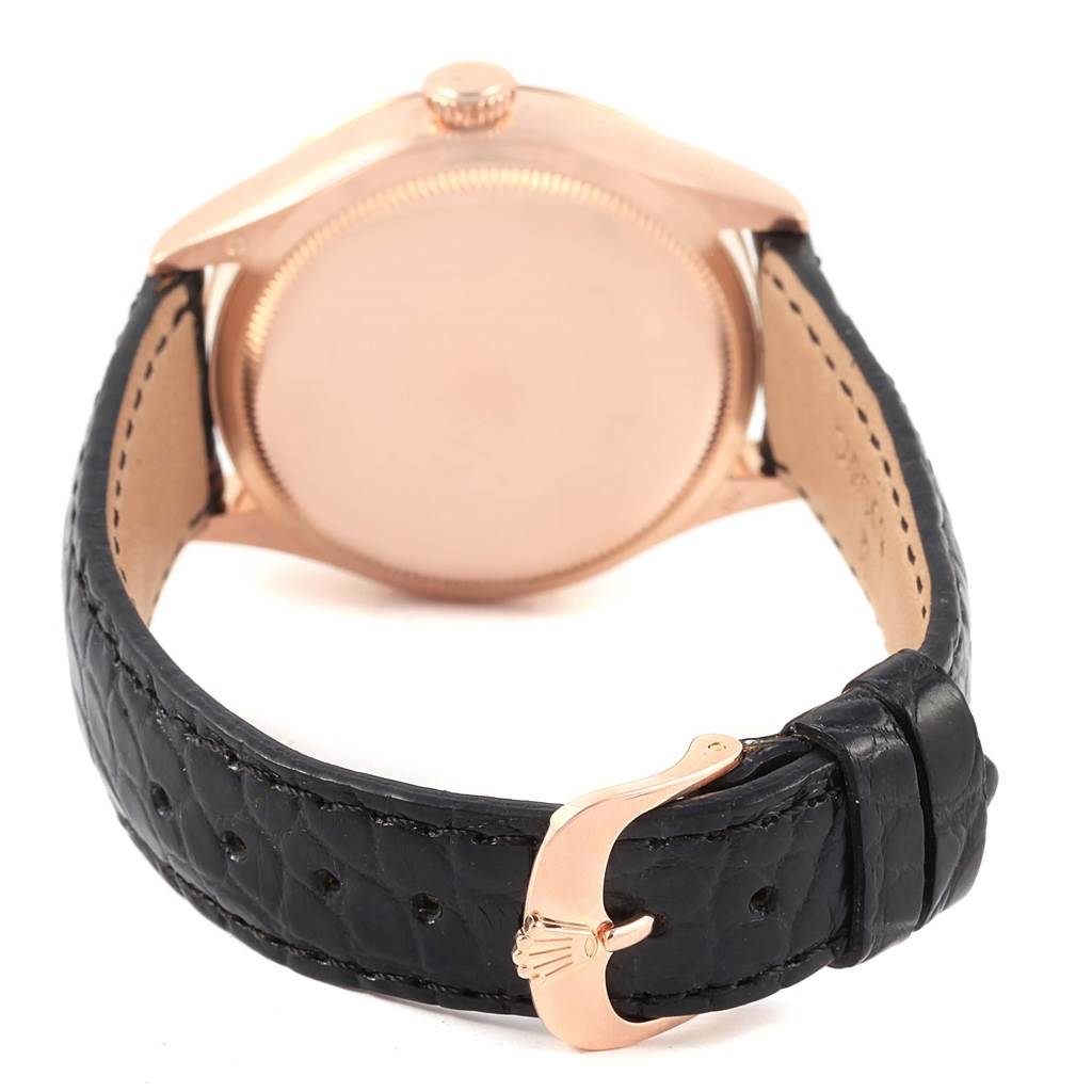 The image shows the back casing and leather strap of a Rolex Cellini 50515 Men's Rose Gold Silver Dial 50515 Men's Rose Gold Silver Dial watch viewed from an angle.