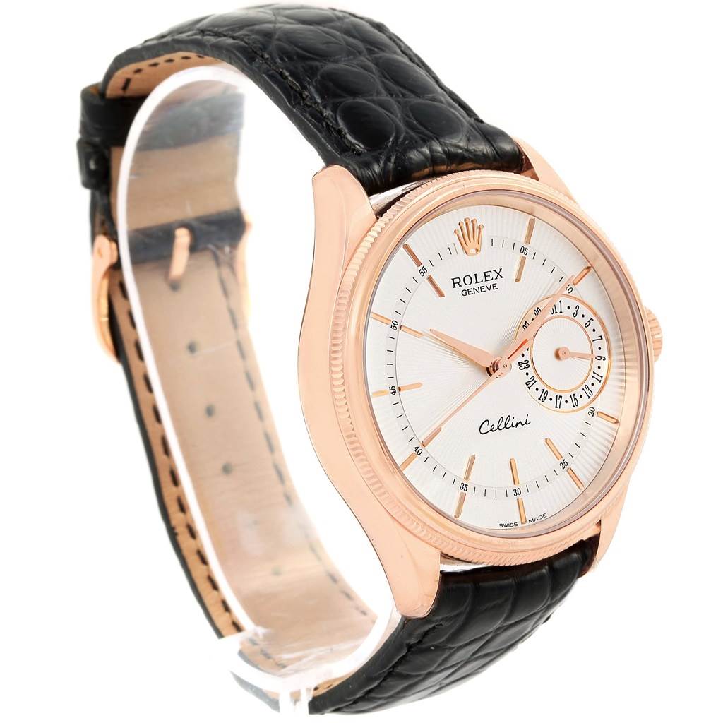 The Rolex Cellini 50515 Men's Rose Gold Silver Dial 50515 Men's Rose Gold Silver Dial watch is displayed at a slight left side angle, showing the face, case, bezel, lugs, strap, and crown.