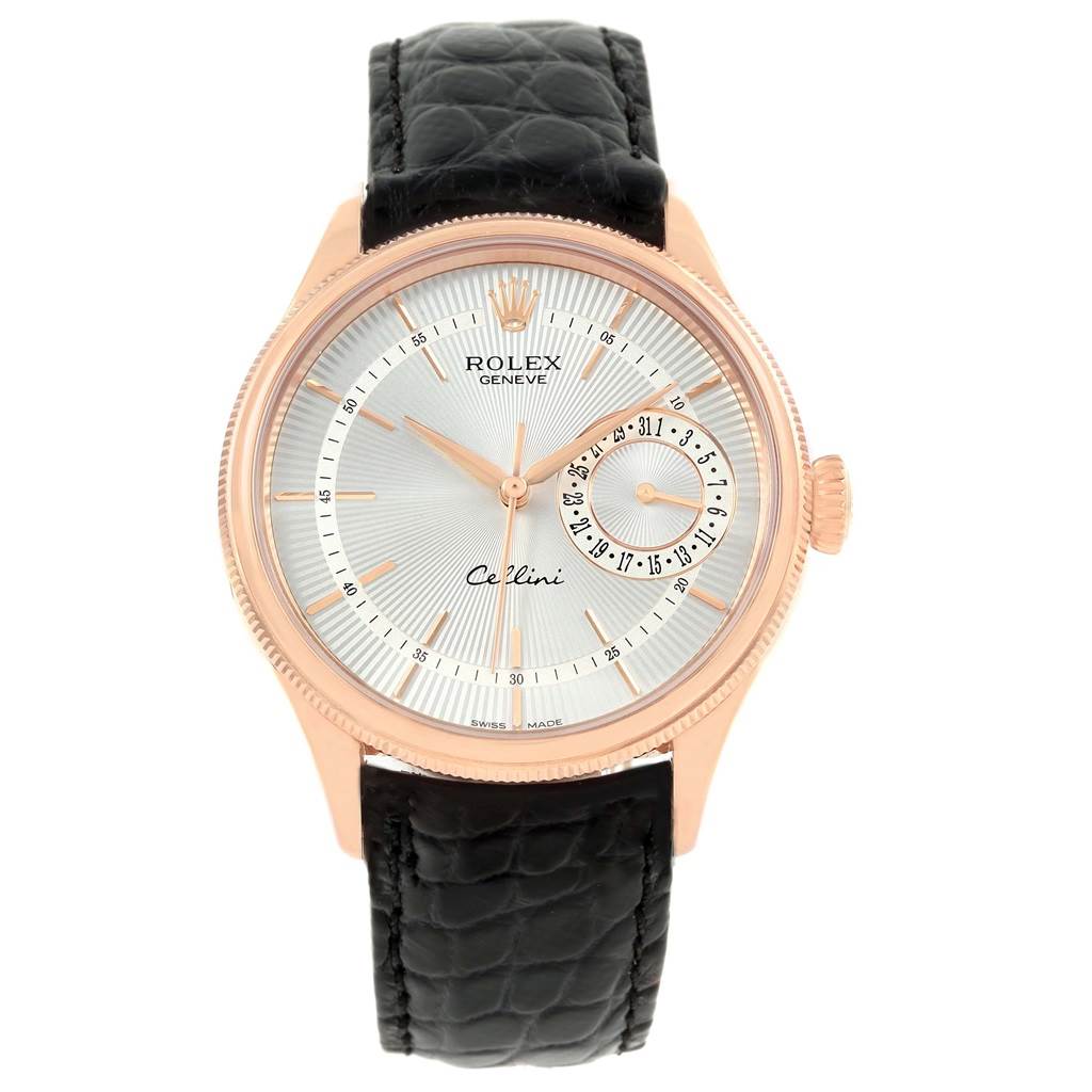 The image shows a front view of the Rolex Cellini 50515 Men's Rose Gold Silver Dial 50515 Men's Rose Gold Silver Dial watch, displaying its face, dial, hands, and black leather strap.
