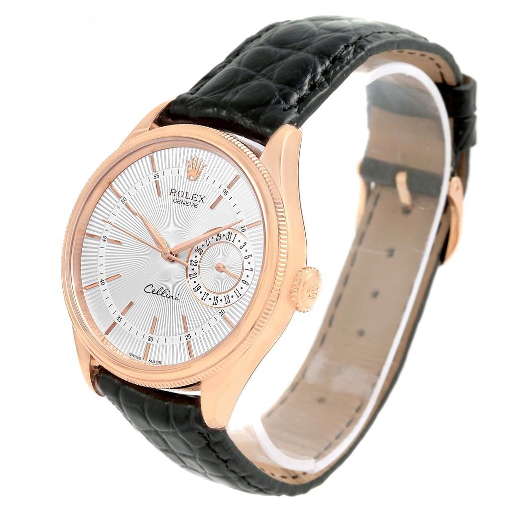 This image displays a Rolex Cellini 50515 Men's Rose Gold Silver Dial 50515 Men's Rose Gold Silver Dial watch from a front angle, highlighting the dial, crown, and black leather strap.