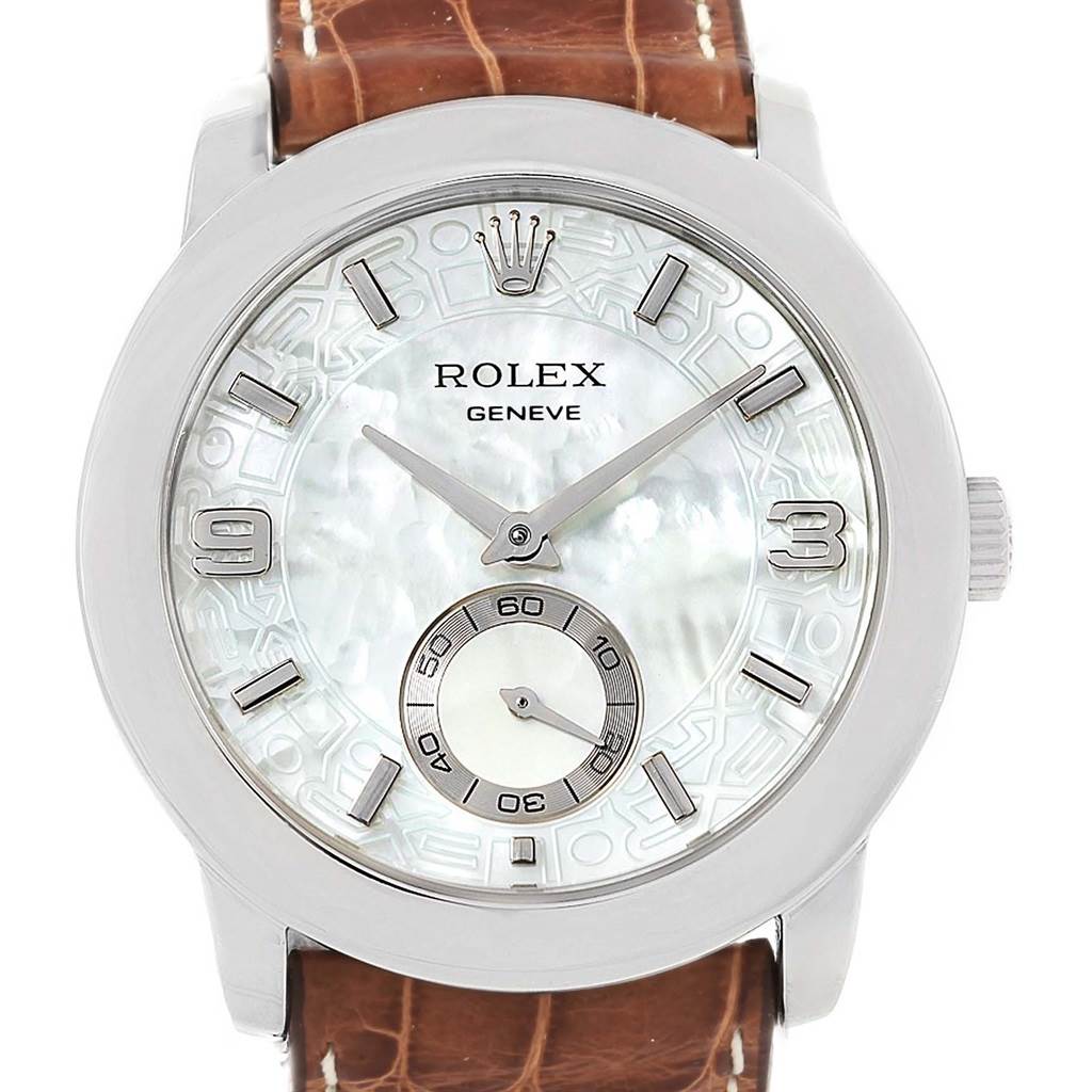 The Rolex Cellini 5240 Men's Platinum Mother of Pearl Dial 5240 Men's Platinum Mother of Pearl Dial watch is shown from a front angle, displaying the face, hands, and part of the brown leather strap.