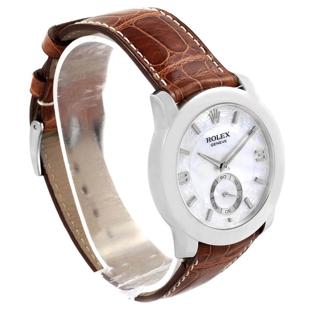 This Rolex Cellini 5240 Men's Platinum Mother of Pearl Dial 5240 Men's Platinum Mother of Pearl Dial watch is angled to show the face, bezel, and leather strap.