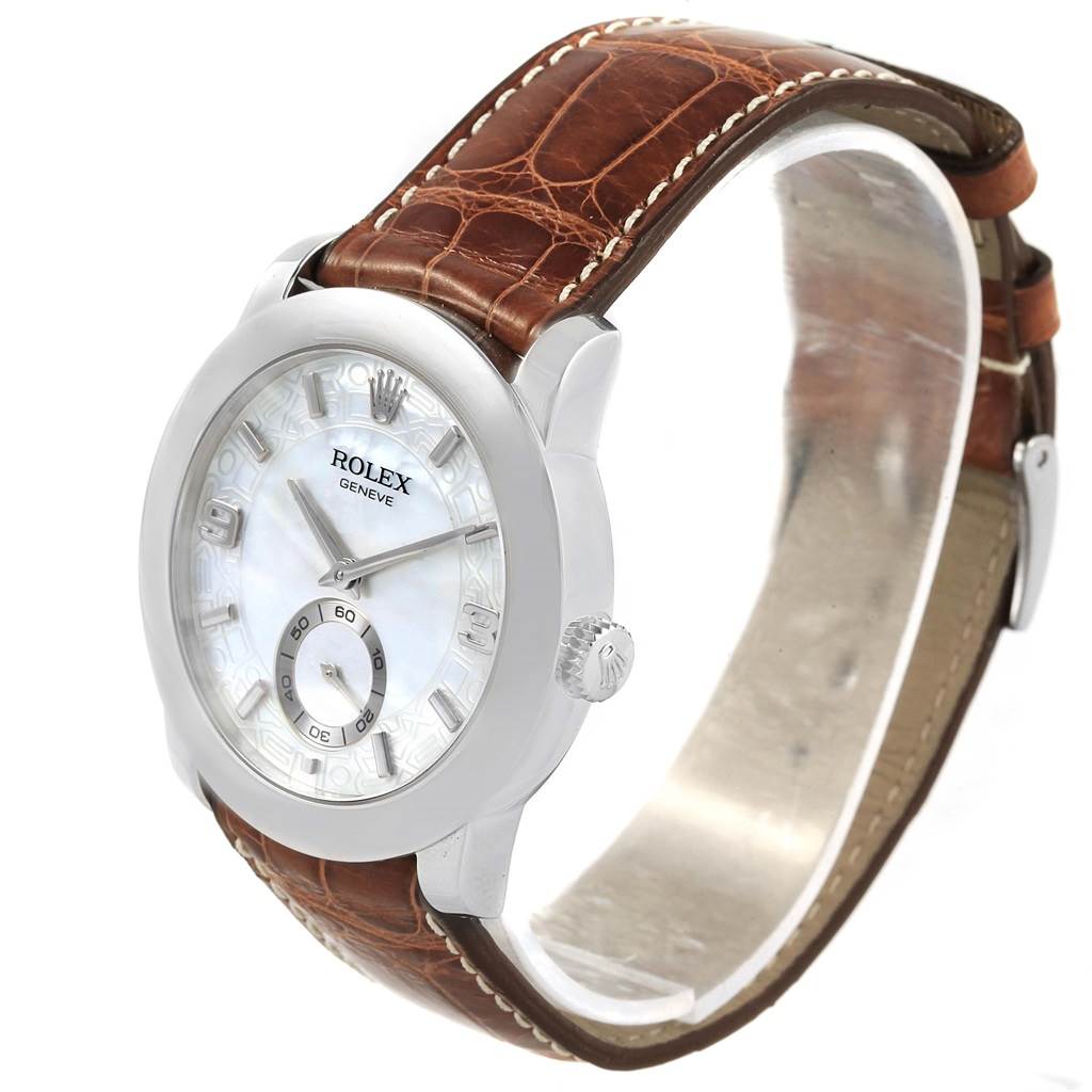 The image shows a Rolex Cellini 5240 Men's Platinum Mother of Pearl Dial 5240 Men's Platinum Mother of Pearl Dial watch, displaying the dial, bezel, crown, and brown leather strap at a three-quarter angle.