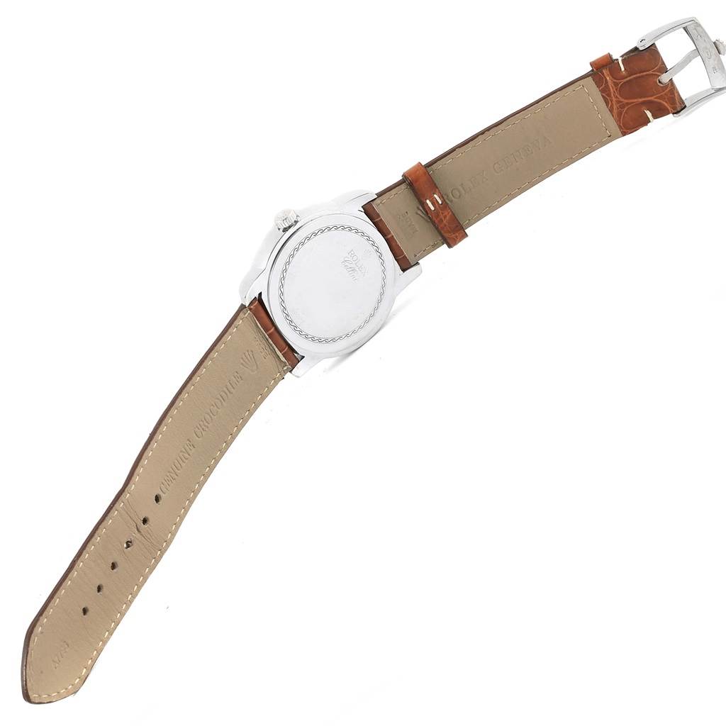 The image shows the backside of the Rolex Cellini 5240 Men's Platinum Mother of Pearl Dial 5240 Men's Platinum Mother of Pearl Dial watch, including the caseback and leather strap.