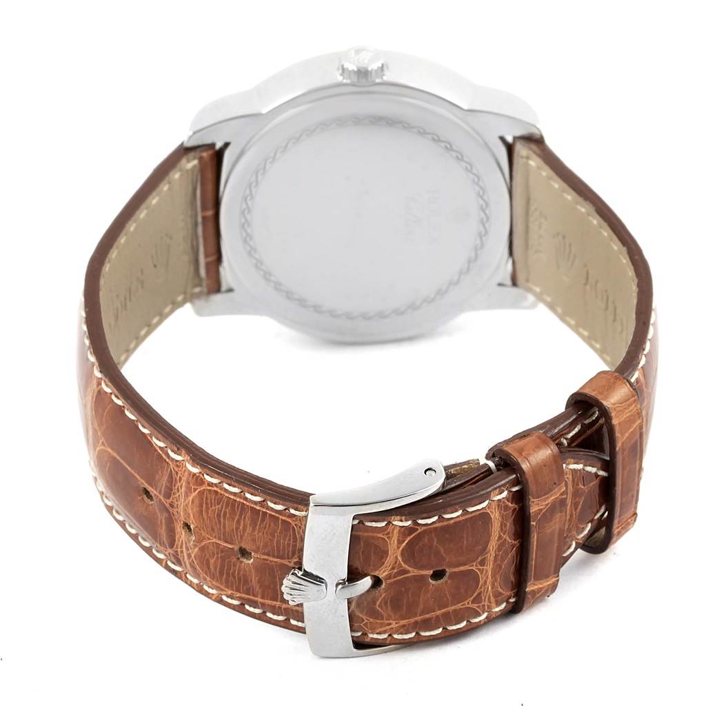 The image shows the back of a Rolex Cellini 5240 Men's Platinum Mother of Pearl Dial 5240 Men's Platinum Mother of Pearl Dial watch, highlighting its clasp, leather strap, and case.