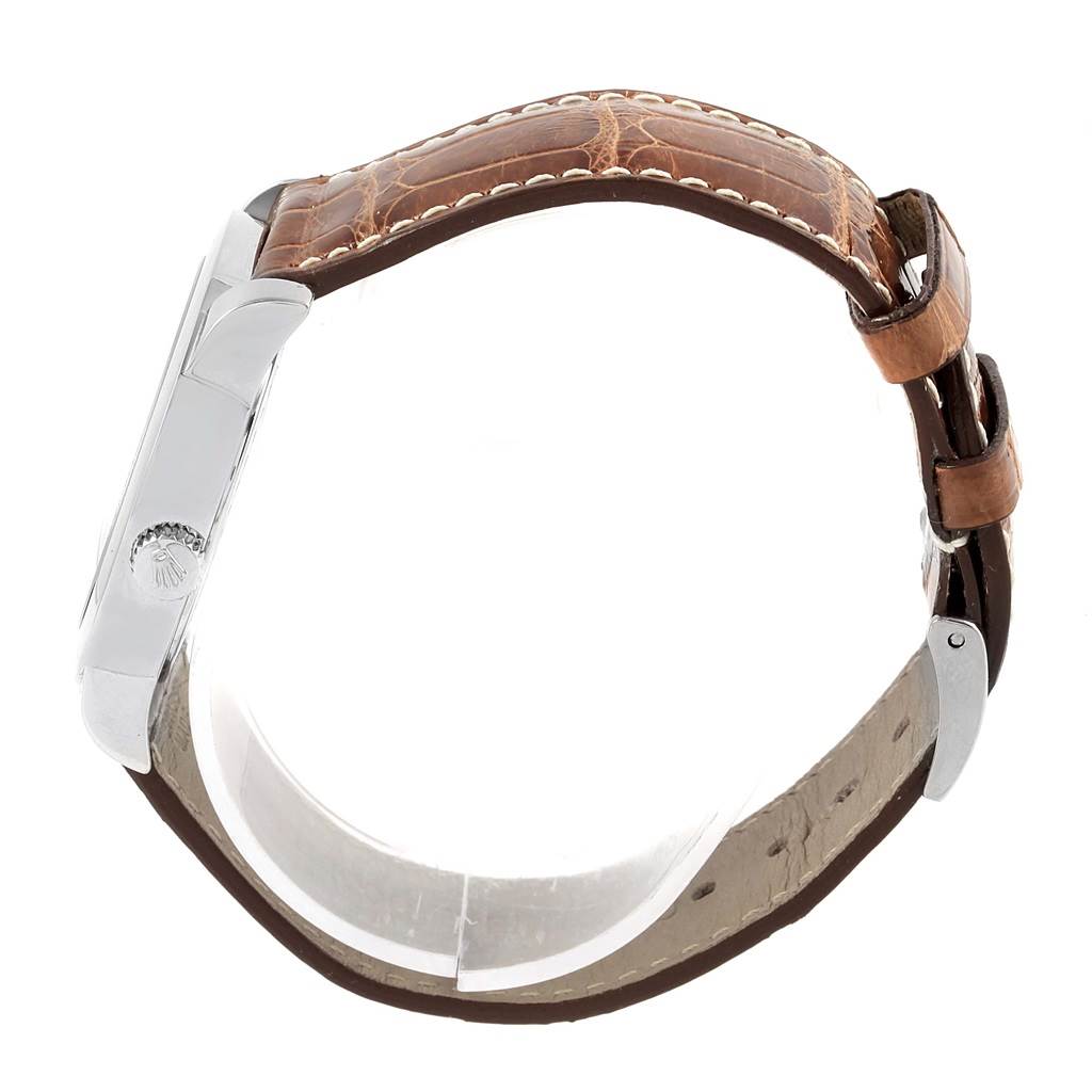 The image shows a side view of a Rolex Cellini 5240 Men's Platinum Mother of Pearl Dial 5240 Men's Platinum Mother of Pearl Dial watch, highlighting the leather strap and the side of the case with the crown.