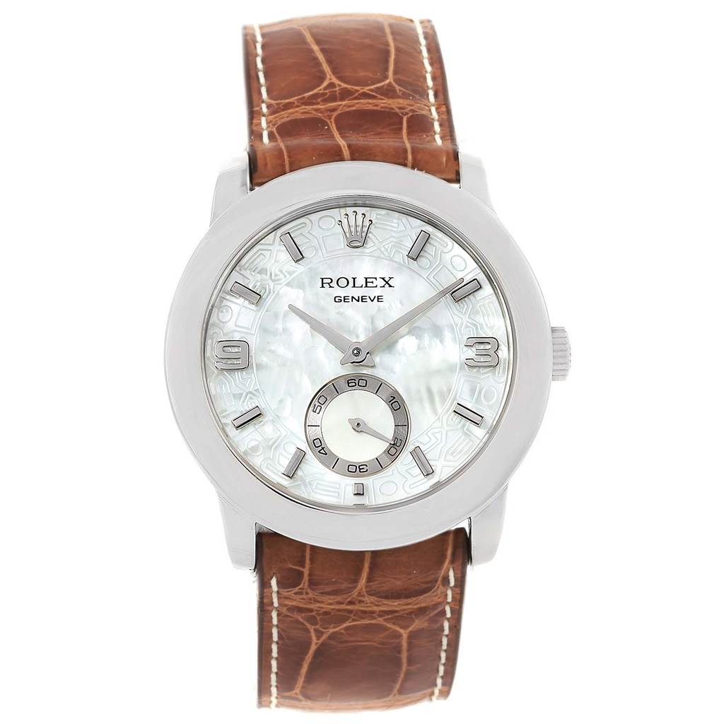 The Rolex Cellini 5240 Men's Platinum Mother of Pearl Dial 5240 Men's Platinum Mother of Pearl Dial watch is shown from a front angle, highlighting the face, bezel, crown, and leather strap.