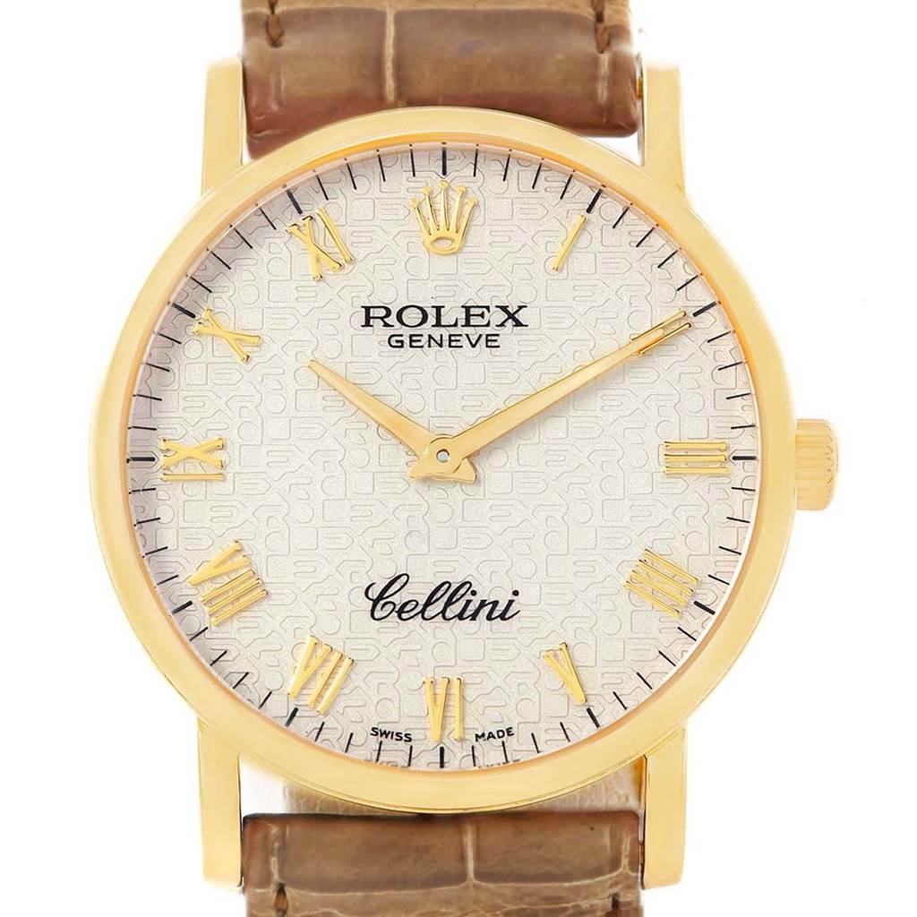 The image shows a front view of the Rolex Cellini 5115 Men's Yellow Gold Beige Dial 5115 Men's Yellow Gold Beige Dial watch with a gold case, white dial, and brown leather strap.