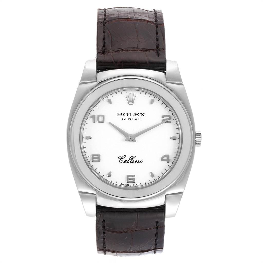 The Rolex Cellini 5330 Men
s White Gold White Dial 5330 Men
s White Gold White Dial watch is shown from a front angle, displaying the face, case, and black leather strap.
