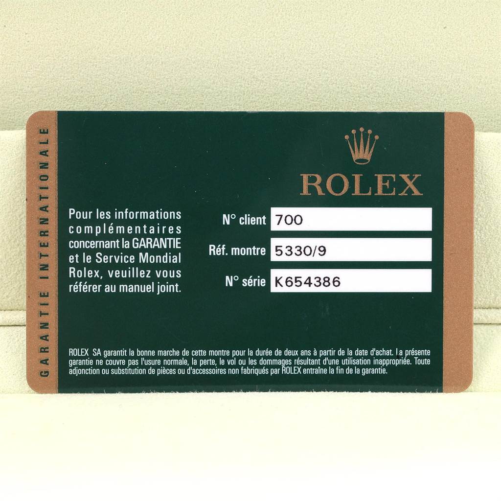 The image shows the warranty and information card for a Rolex Cellini 5330 Men
s White Gold White Dial 5330 Men
s White Gold White Dial model watch.