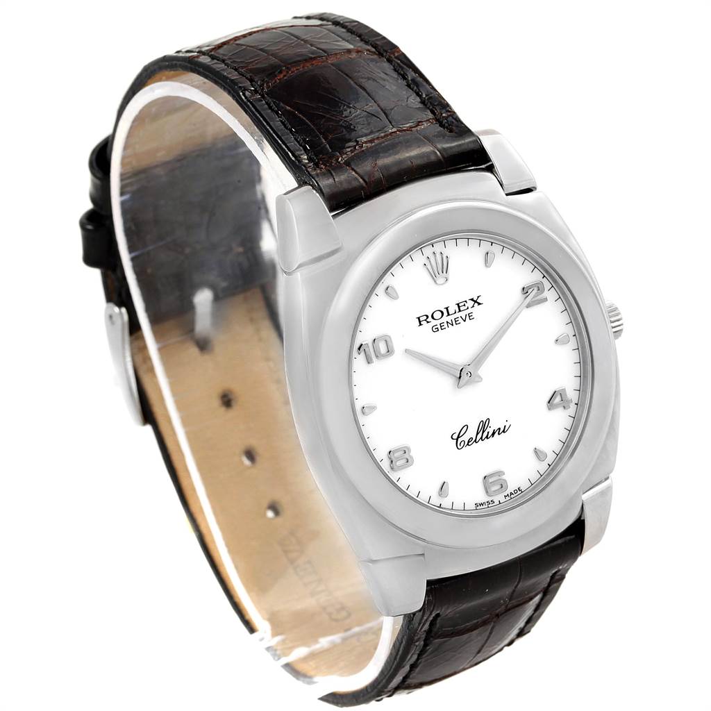 The image shows a Rolex Cellini 5330 Men
s White Gold White Dial 5330 Men
s White Gold White Dial watch from a front angle, displaying its face, bezel, crown, and leather strap.
