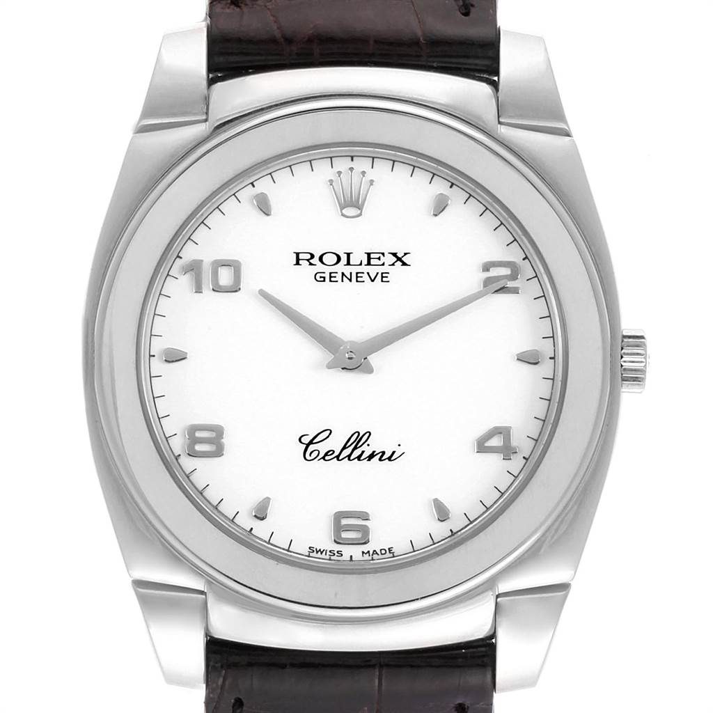 This image shows a front view of the Rolex Cellini 5330 Men
s White Gold White Dial 5330 Men
s White Gold White Dial watch, displaying its face, bezel, and part of the leather strap.