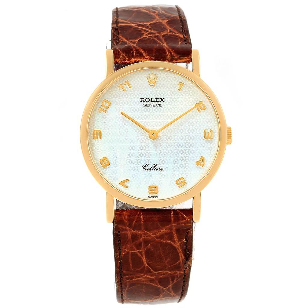 The image shows a front view of a Rolex Cellini 5112 Yellow Gold Mother of Pearl Dial 5112 Yellow Gold Mother of Pearl Dial watch, highlighting its face, numerals, hands, and brown leather strap.