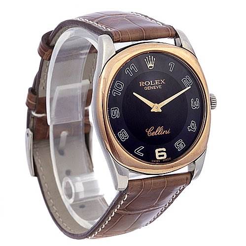 This image showcases a Rolex Cellini 4233 White Gold Black Dial 4233 White Gold Black Dial model watch from a three-quarter angle, highlighting the dial, case, and leather strap.