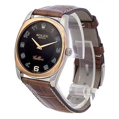 The image shows a Rolex Cellini 4233 White Gold Black Dial 4233 White Gold Black Dial watch at a three-quarter angle, highlighting the dial, bezel, case, crown, and leather strap.