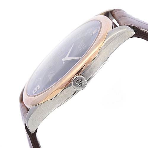 The image shows a side profile of a Rolex Cellini 4233 White Gold Black Dial 4233 White Gold Black Dial watch, highlighting the crown, case, and part of the strap.