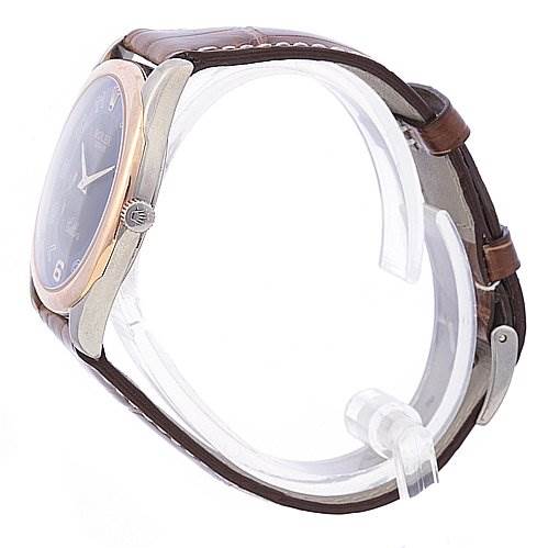 The image shows a side view of the Rolex Cellini 4233 White Gold Black Dial 4233 White Gold Black Dial watch, including the case, crown, and leather strap.