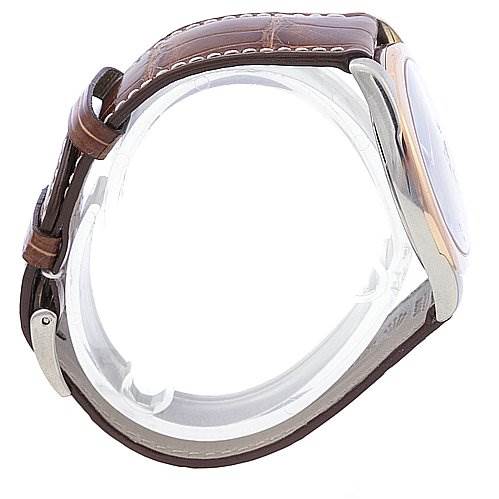 The image shows a side view of a Rolex Cellini 4233 White Gold Black Dial 4233 White Gold Black Dial watch, highlighting the case, leather strap, and buckle.