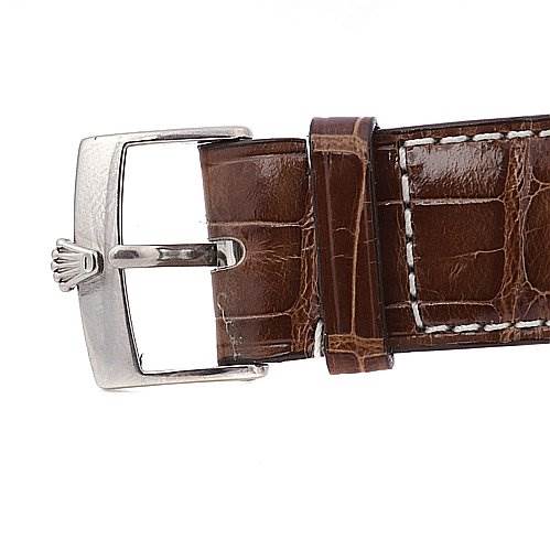 This image shows the leather strap and buckle of a Rolex Cellini 4233 White Gold Black Dial 4233 White Gold Black Dial watch, showcasing the Rolex logo on the buckle.