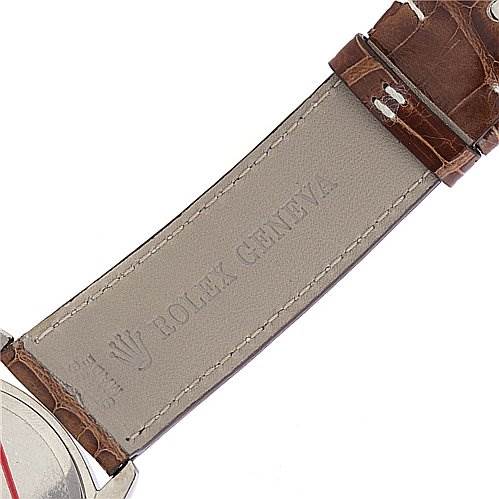 This image shows the leather strap of a Rolex Cellini 4233 White Gold Black Dial 4233 White Gold Black Dial watch from the underside, displaying the "Rolex Geneve" engraving.
