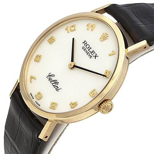 The image shows a Rolex Cellini 4112 Yellow Gold Mother of Pearl Dial 4112 Yellow Gold Mother of Pearl Dial watch at a slight angle, highlighting its gold case, dial, and leather strap.