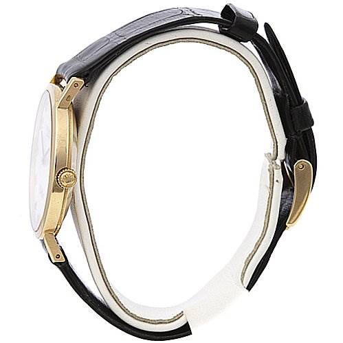 This image shows a side view of a Rolex Cellini 4112 Yellow Gold Mother of Pearl Dial 4112 Yellow Gold Mother of Pearl Dial watch, displaying its case, crown, and strap.