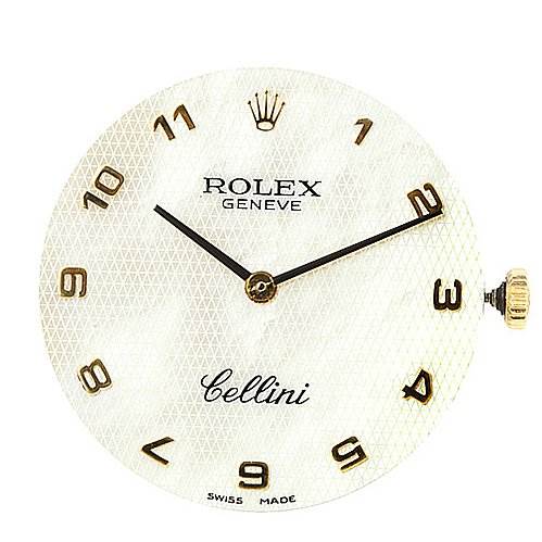 The image shows a close-up of the Rolex Cellini 4112 Yellow Gold Mother of Pearl Dial 4112 Yellow Gold Mother of Pearl Dial watch face with visible hands, hour markers, and the crown on the right.