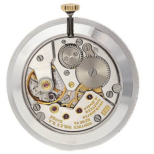 This image shows the internal mechanical movement of a Rolex Cellini 4112 Yellow Gold Mother of Pearl Dial 4112 Yellow Gold Mother of Pearl Dial watch from a top-down angle.