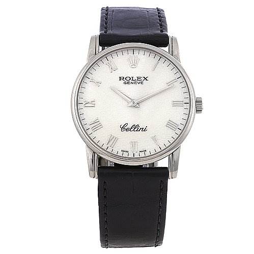 The image shows a front view of a Rolex Cellini 5116/9 White Gold Beige Dial 5116/9 White Gold Beige Dial watch, displaying its dial, hands, crown, and black leather strap.