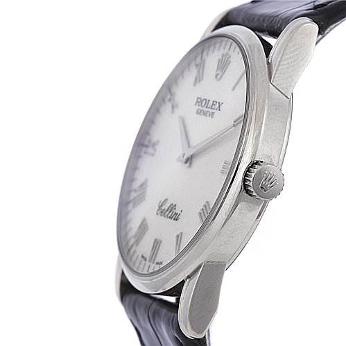 This image shows a side angle of the Rolex Cellini 5116/9 White Gold Beige Dial 5116/9 White Gold Beige Dial watch, highlighting the watch face, crown, and part of the leather strap.