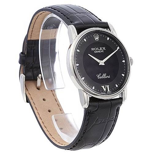This image shows a Rolex Cellini 5116/9 White Gold Black Dial 5116/9 White Gold Black Dial watch from a front angle, highlighting the black dial, silver case, and leather strap.