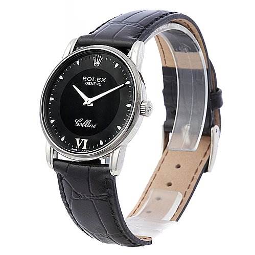 This image shows the front and side view of a Rolex Cellini 5116/9 White Gold Black Dial 5116/9 White Gold Black Dial watch with a black leather strap and a black dial.