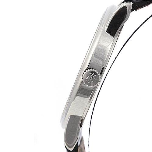 The image shows a side view of a Rolex Cellini 5116/9 White Gold Black Dial 5116/9 White Gold Black Dial watch, highlighting its crown and part of the case.