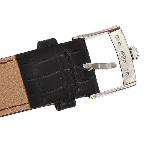 The image shows a close-up of the buckle and strap of a Rolex Cellini 5116/9 White Gold Black Dial 5116/9 White Gold Black Dial watch.