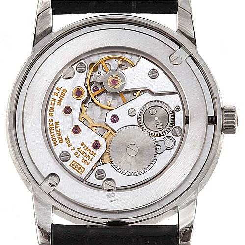 This image shows the back view of a Rolex Cellini 5116/9 White Gold Black Dial 5116/9 White Gold Black Dial watch, revealing its intricate internal mechanical movement.