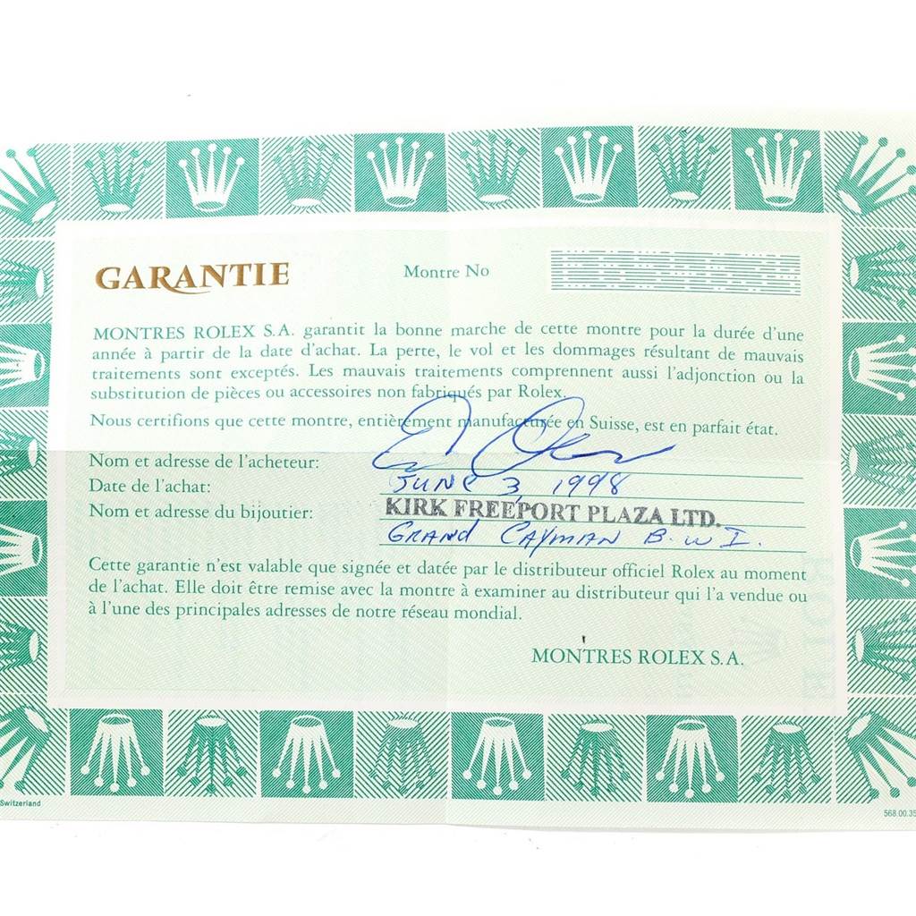 This image shows the warranty certificate for a Rolex Cellini 6623 Men's Yellow Gold Champagne Dial 6623 Men's Yellow Gold Champagne Dial watch, featuring signatures and purchase details from June 3, 1998.