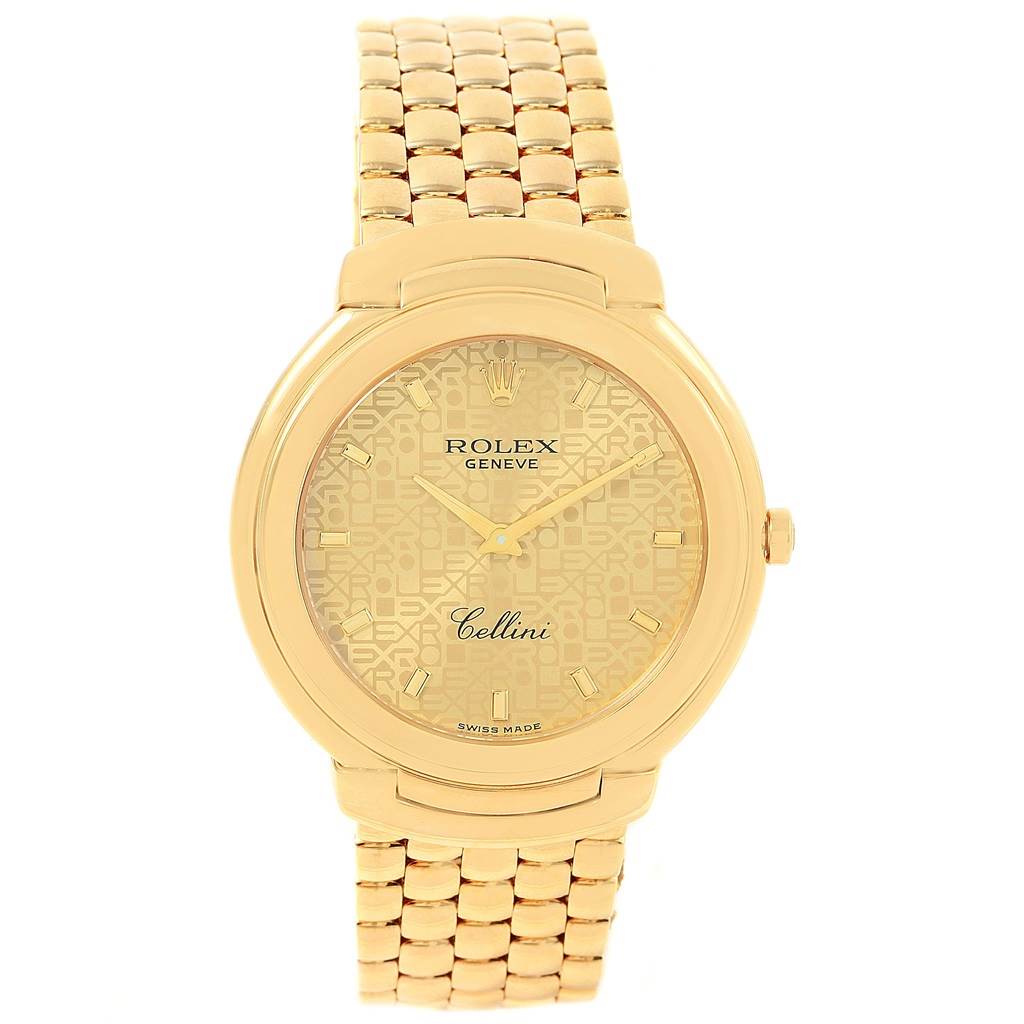 The image showcases a front view of a Rolex Cellini 6623 Men's Yellow Gold Champagne Dial 6623 Men's Yellow Gold Champagne Dial watch, highlighting its gold dial and bracelet.
