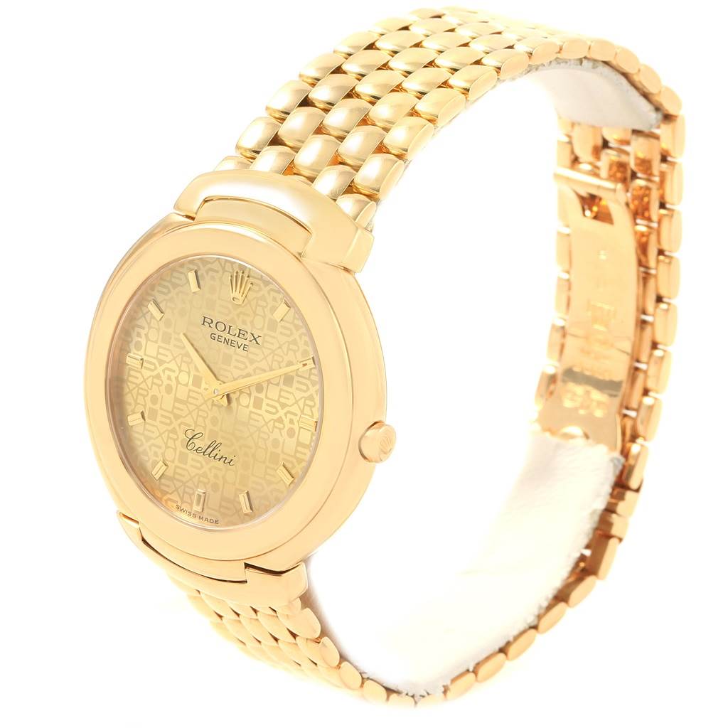 The image shows a Rolex Cellini 6623 Men's Yellow Gold Champagne Dial 6623 Men's Yellow Gold Champagne Dial watch at an angled side view, highlighting its gold case, patterned dial, and linked bracelet.