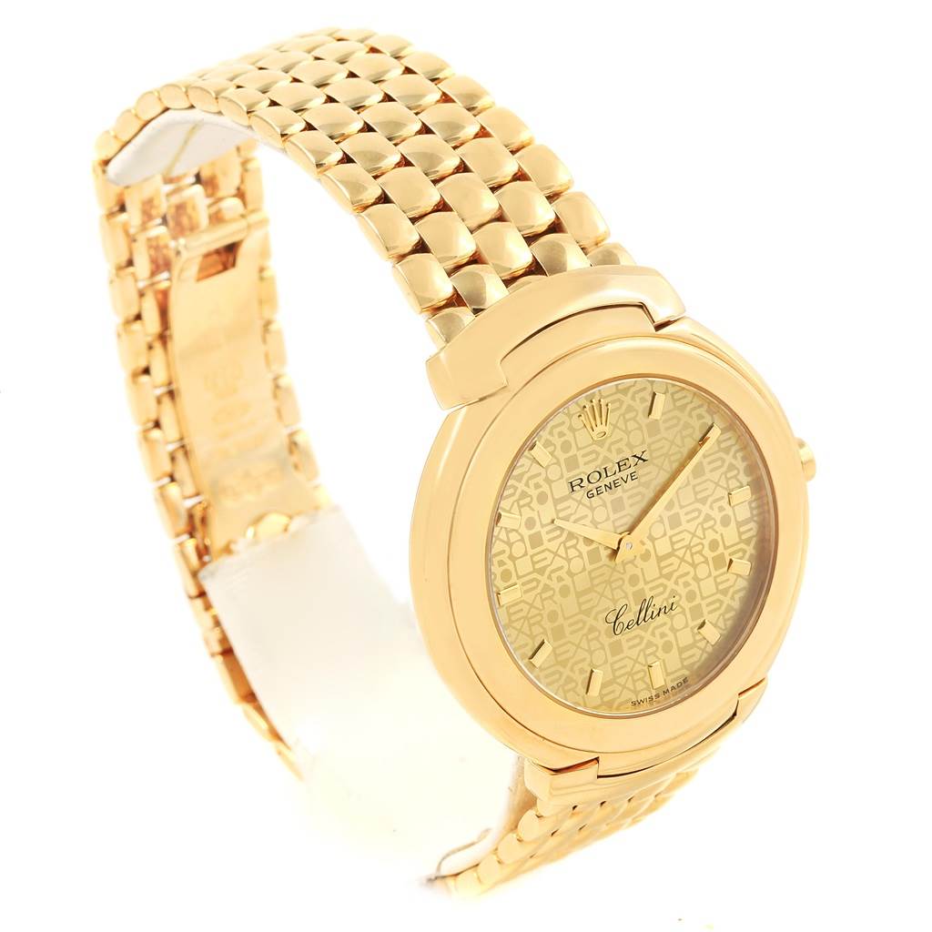 The image shows a Rolex Cellini 6623 Men's Yellow Gold Champagne Dial 6623 Men's Yellow Gold Champagne Dial watch at an angle that highlights its gold bracelet and detailed gold face.