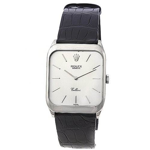 The image shows a Rolex Cellini 4135 White Gold Silver Dial 4135 White Gold Silver Dial watch from a front angle, displaying the face, hands, and black strap.
