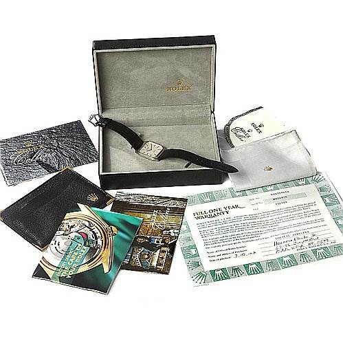 The image shows a Rolex Cellini 4135 White Gold Silver Dial 4135 White Gold Silver Dial watch in its box, accompanied by warranty cards, paperwork, a pouch, and booklets.