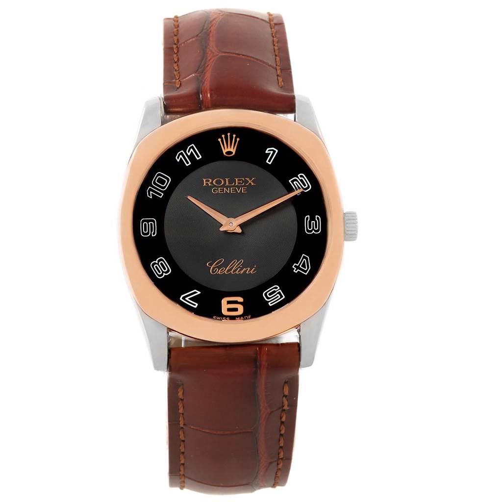 The image shows a front view of the Rolex Cellini 4233 Men's White Gold Black Dial 4233 Men's White Gold Black Dial watch, featuring its round dial, black face with numerical markers, and brown leather strap.