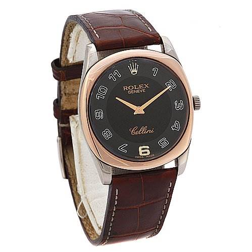 This image shows a Rolex Cellini 4233 White Gold Black Dial 4233 White Gold Black Dial watch viewed from the front, displaying the face, case, and brown leather strap.