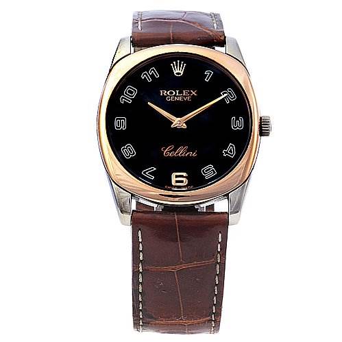 The image shows a frontal view of a Rolex Cellini 4233 White Gold Black Dial 4233 White Gold Black Dial watch, highlighting the black dial, gold bezel, and brown leather strap.