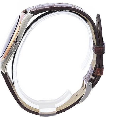 The image shows a side view of a Rolex Cellini 4233 White Gold Black Dial 4233 White Gold Black Dial model watch, including the case, crown, and leather strap.