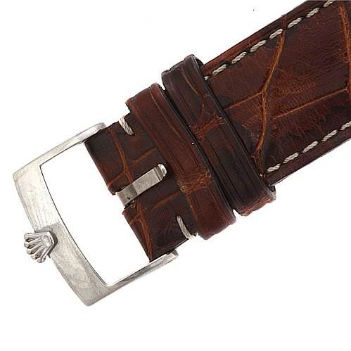 The image shows the buckle and leather strap of a Rolex Cellini 4233 White Gold Black Dial 4233 White Gold Black Dial watch from a close-up angle.